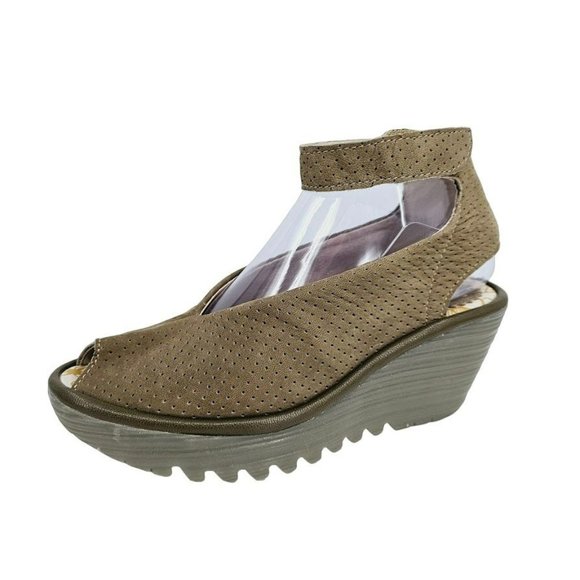 Fly London Yala Sandals 36 5.5 Perforated Suede Wedge Olive Green Taupe Peep Toe - Picture 13 of 13